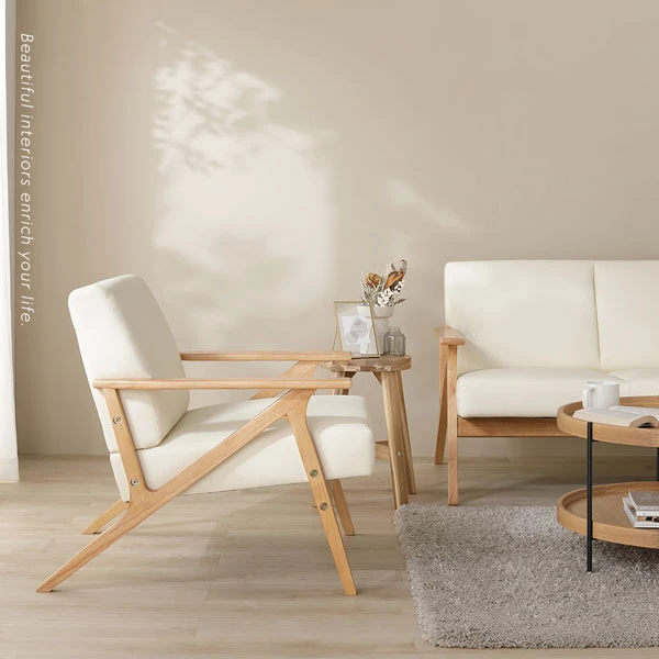 木枠フレームレザー（合皮）ソファ クリームアイボリー