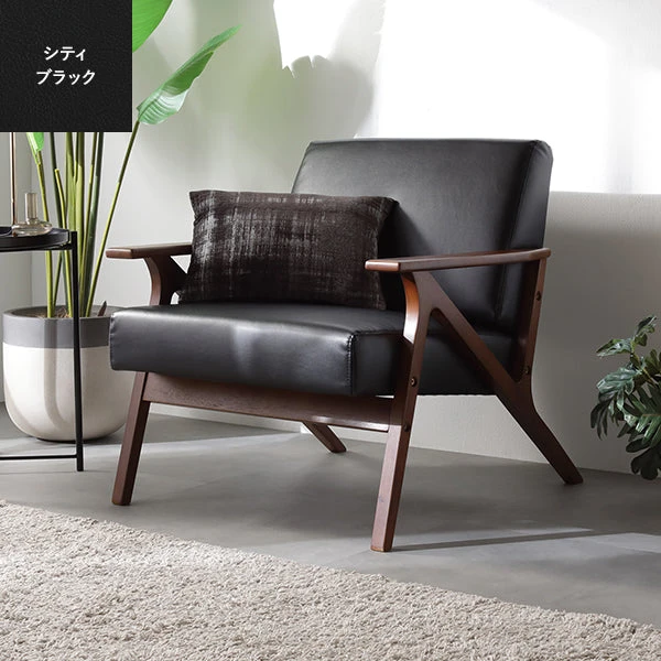 木枠フレームレザー（合皮）ソファ 1人掛け シティブラック