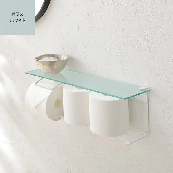 ディスプレイ天板付き トイレットペーパーホルダー 網棚タイプ ガラス ホワイト