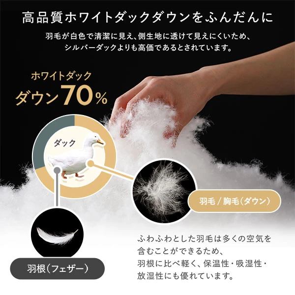 高品質ホワイトダックダウンをふんだんに